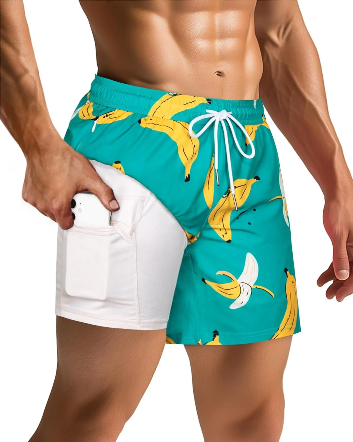 SURF CUZ Mens Swim Trunks with Compression Liner 5" Swim Shorts Quick Dry Bathing Suit Swimming Trunks Zipper Pockets