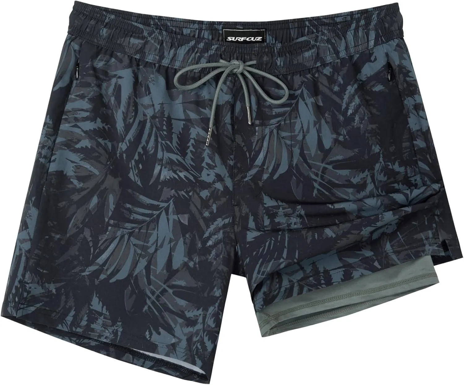 SURF CUZ Mens Swim Trunks with Compression Liner 5" Swim Shorts Quick Dry Bathing Suit Swimming Trunks Zipper Pockets