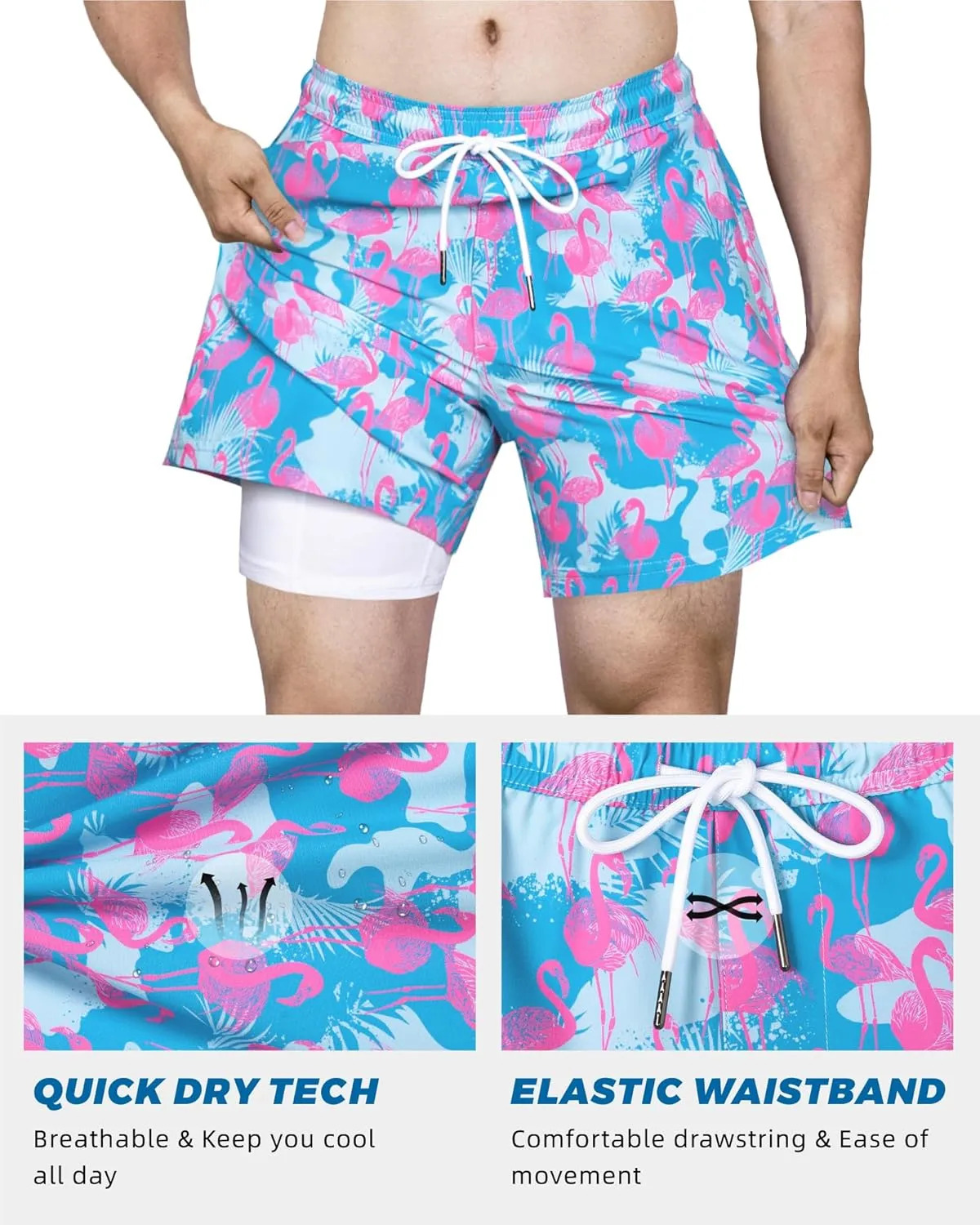 SURF CUZ Mens Swim Trunks with Compression Liner 5" Swim Shorts Quick Dry Bathing Suit Swimming Trunks Zipper Pockets