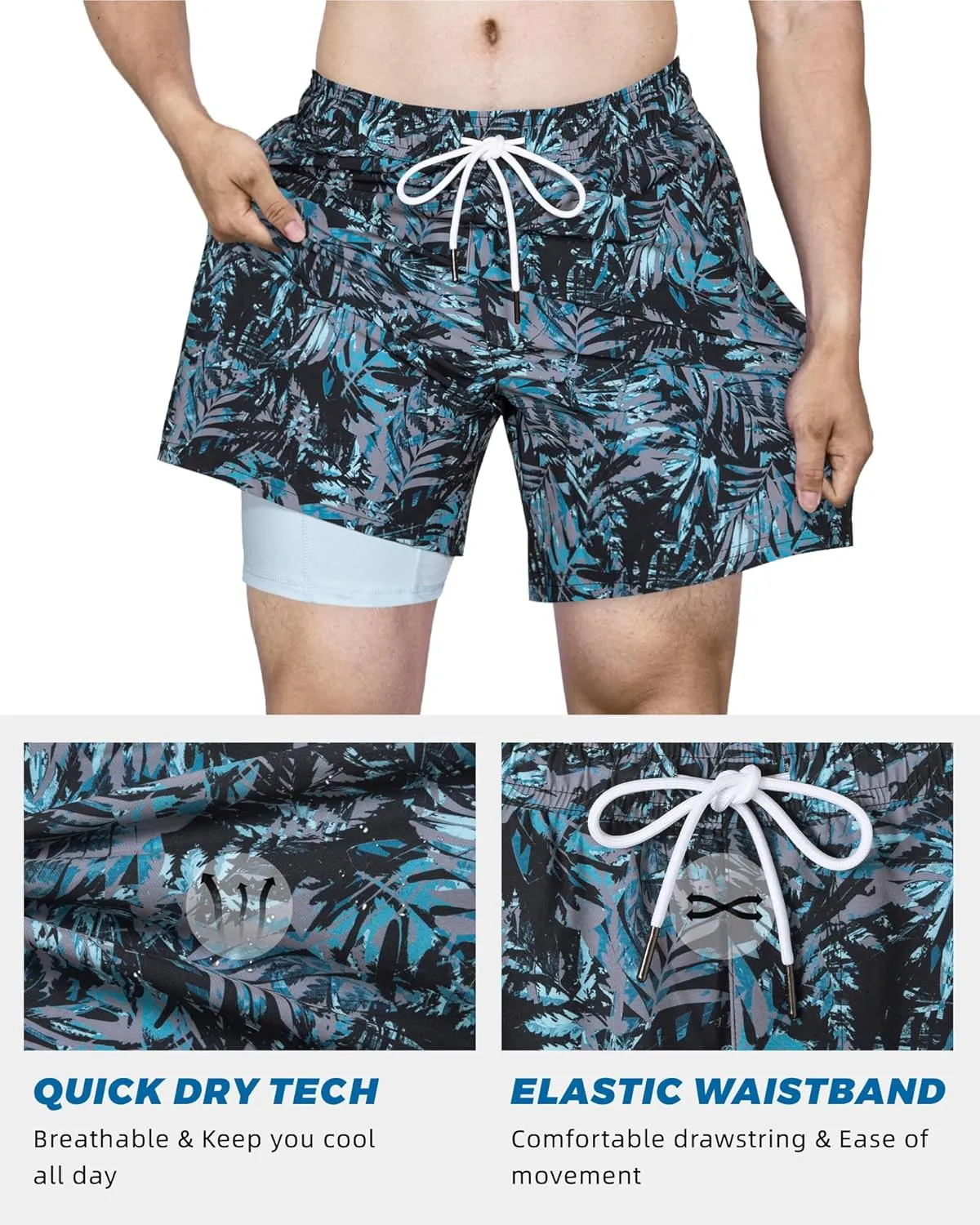SURF CUZ Mens Swim Trunks with Compression Liner 5" Swim Shorts Quick Dry Bathing Suit Swimming Trunks Zipper Pockets