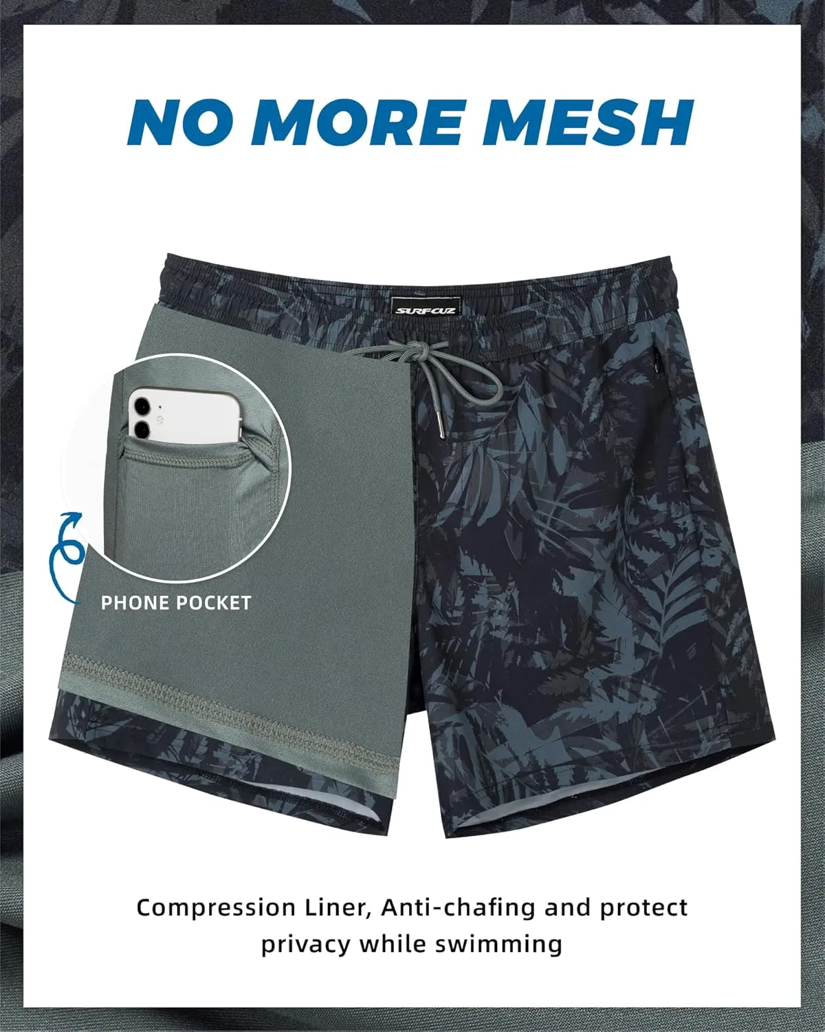 SURF CUZ Mens Swim Trunks with Compression Liner 5" Swim Shorts Quick Dry Bathing Suit Swimming Trunks Zipper Pockets