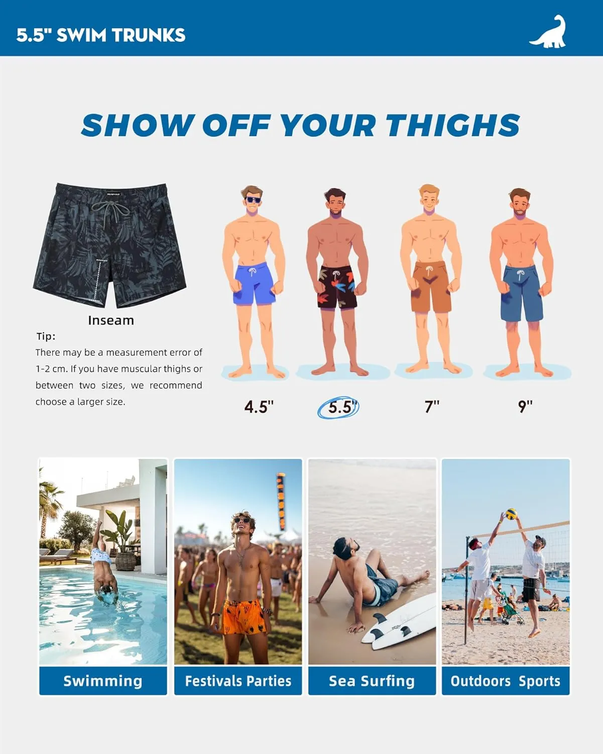 SURF CUZ Mens Swim Trunks with Compression Liner 5" Swim Shorts Quick Dry Bathing Suit Swimming Trunks Zipper Pockets