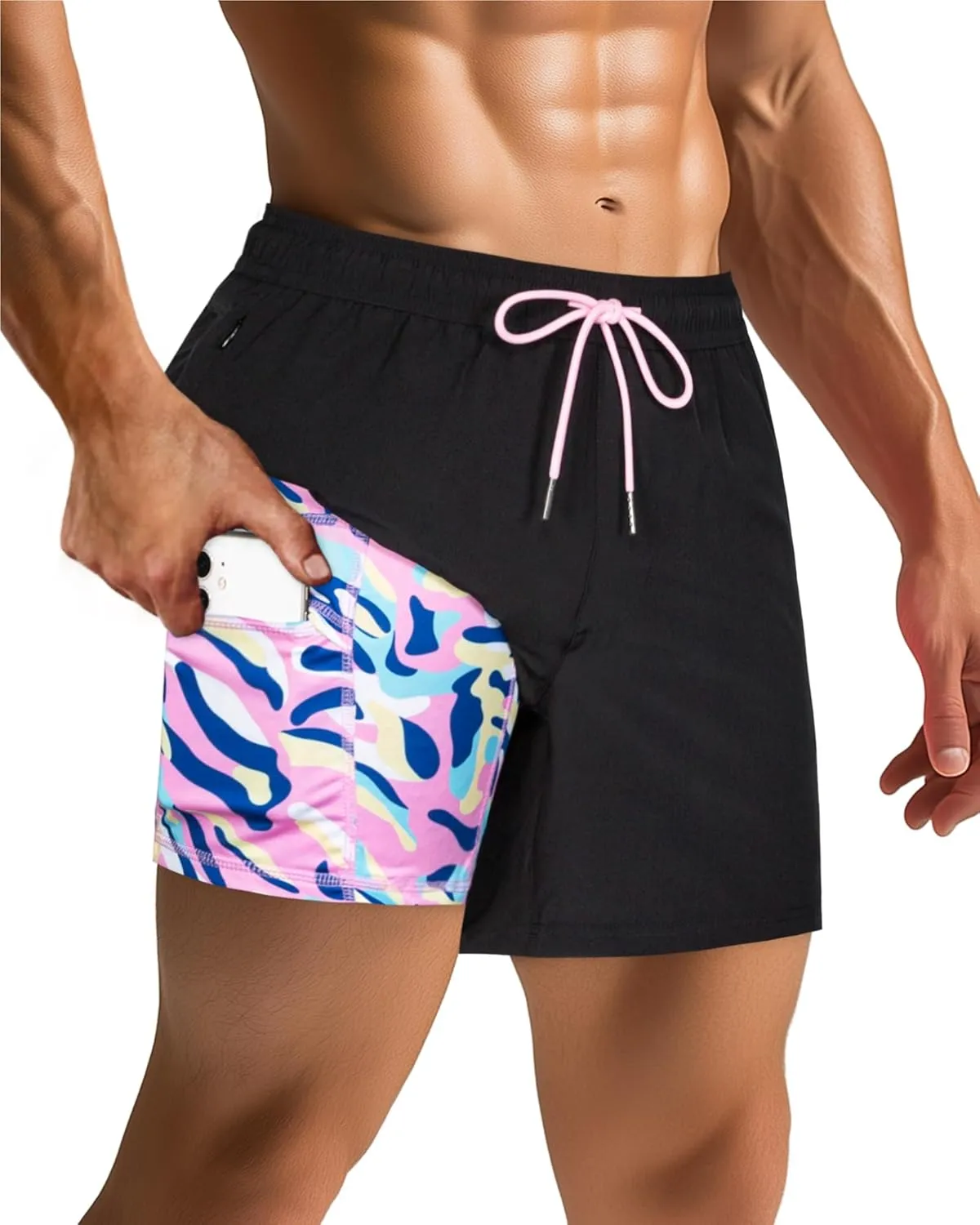 SURF CUZ Mens Swim Trunks with Compression Liner 5" Swim Shorts Quick Dry Bathing Suit Swimming Trunks Zipper Pockets