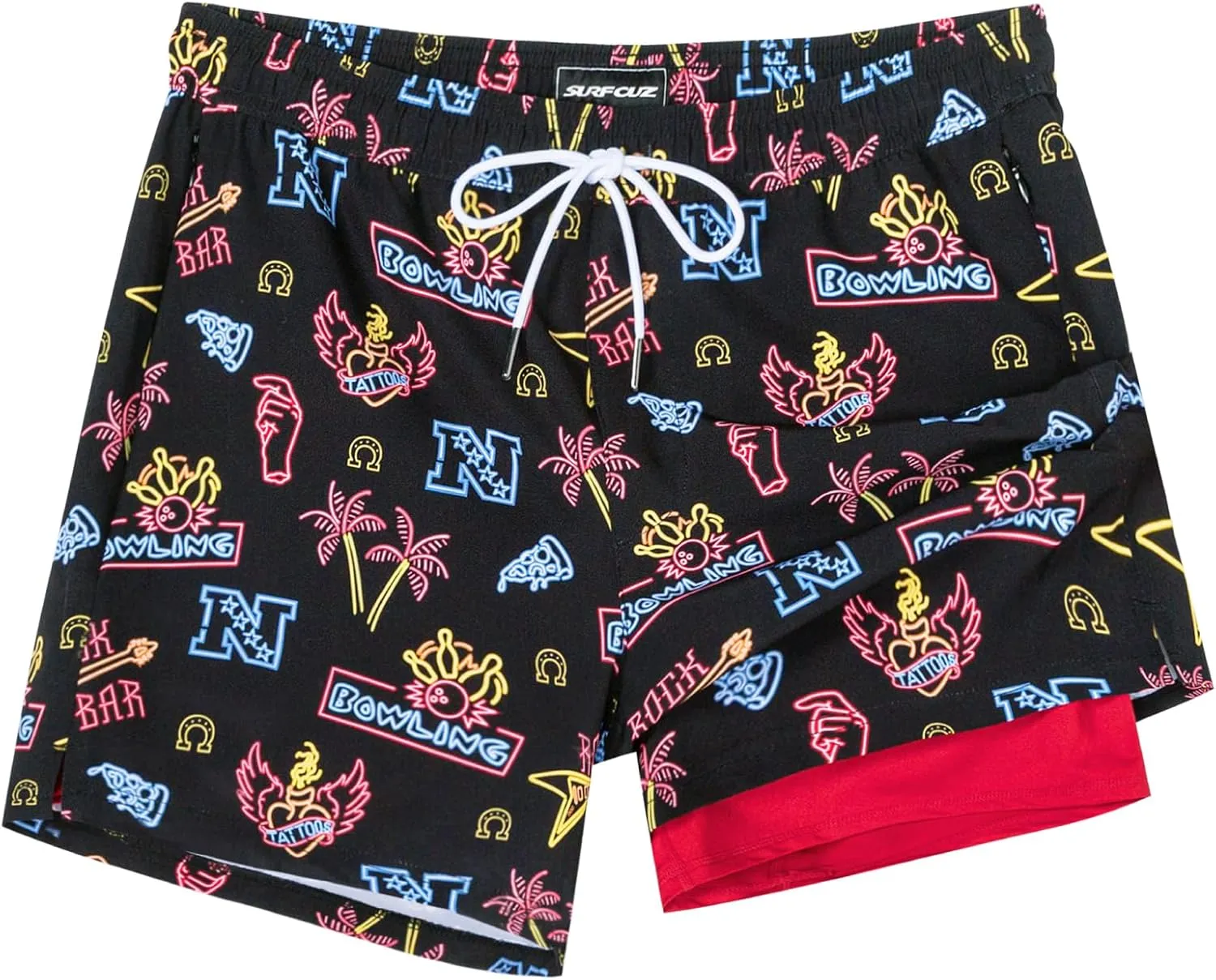 SURF CUZ Mens Swim Trunks with Compression Liner 5" Swim Shorts Quick Dry Bathing Suit Swimming Trunks Zipper Pockets