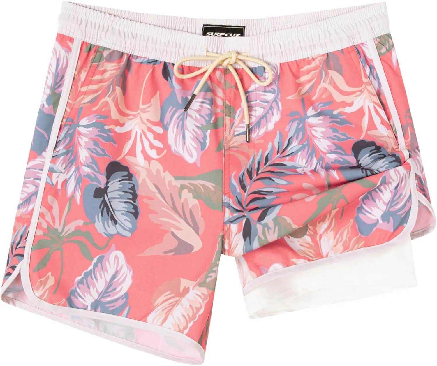 SURF CUZ Mens Swim Trunks with Compression Liner 5" Swimming Trunks 5 Inch Retro Swim Shorts with Zipper Pockets