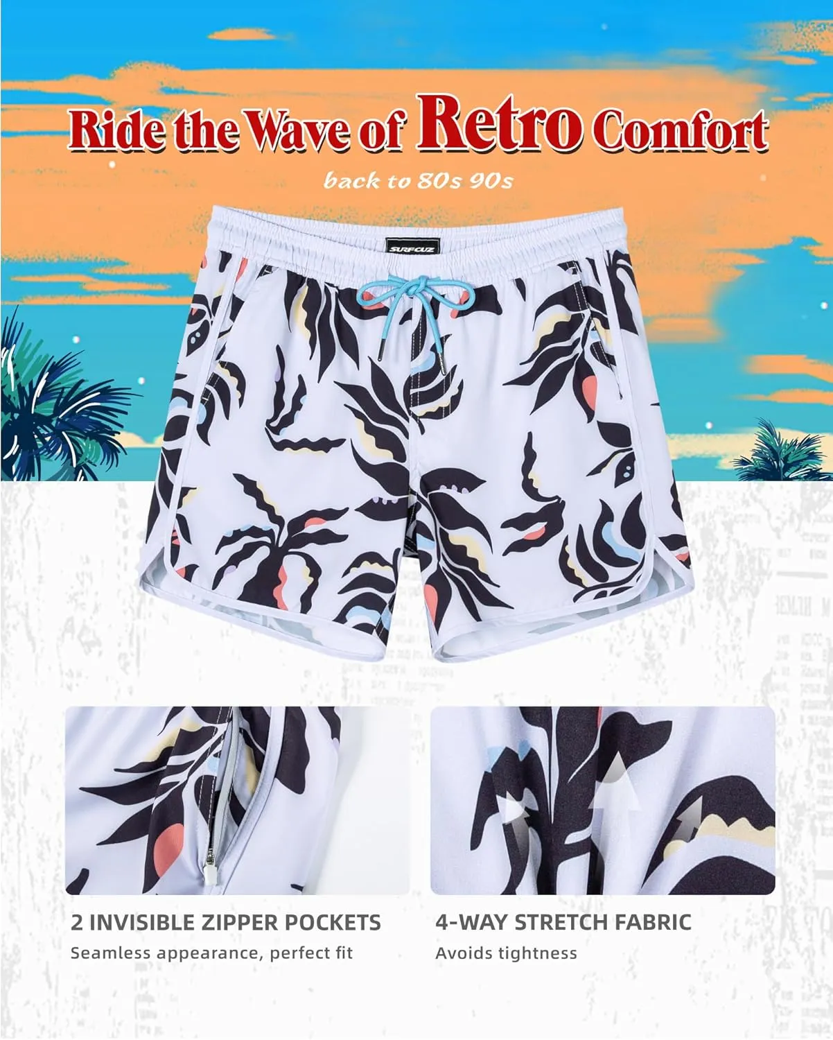 SURF CUZ Mens Swim Trunks with Compression Liner 5" Swimming Trunks 5 Inch Retro Swim Shorts with Zipper Pockets