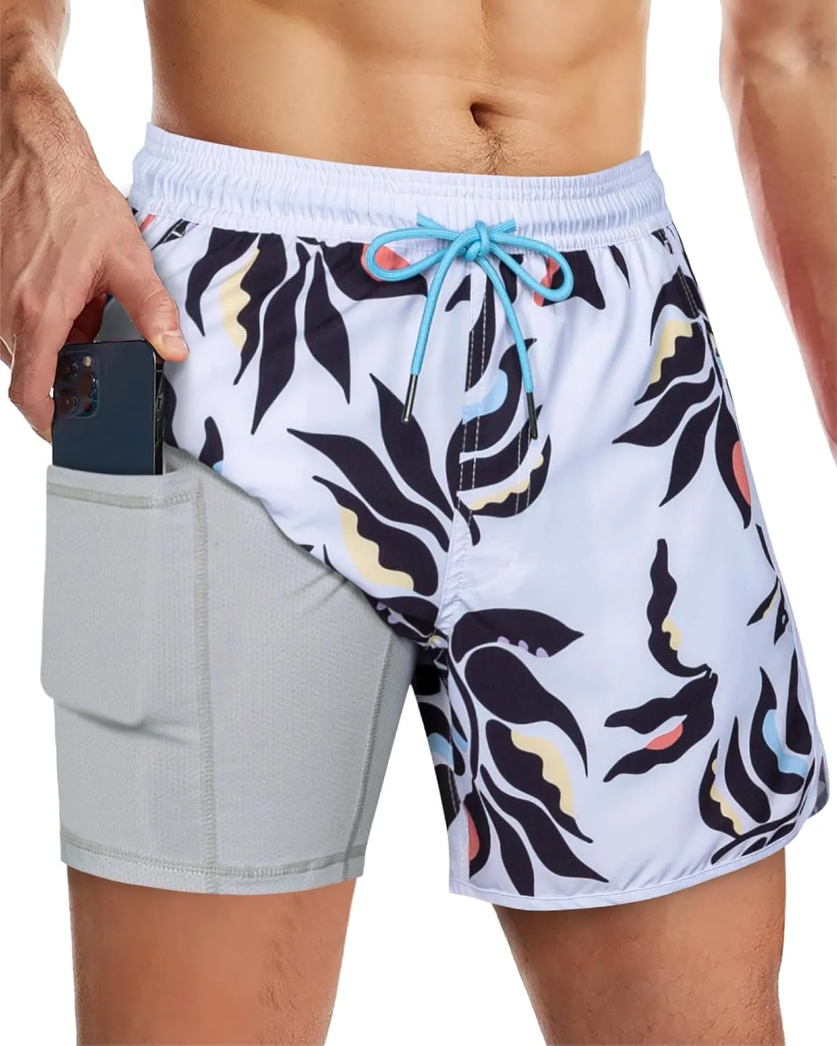 SURF CUZ Mens Swim Trunks with Compression Liner 5" Swimming Trunks 5 Inch Retro Swim Shorts with Zipper Pockets