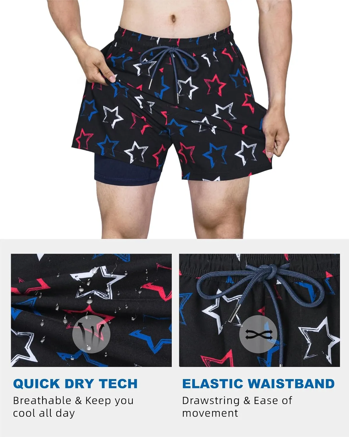 SURF CUZ Mens Swim Trunks with Compression Liner Quick Dry Swim Shorts Swimming Trunks 2 in 1 Bathing Suit Zipper Pockets