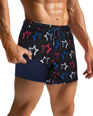 SURF CUZ Mens Swim Trunks with Compression Liner Quick Dry Swim Shorts Swimming Trunks 2 in 1 Bathing Suit Zipper Pockets