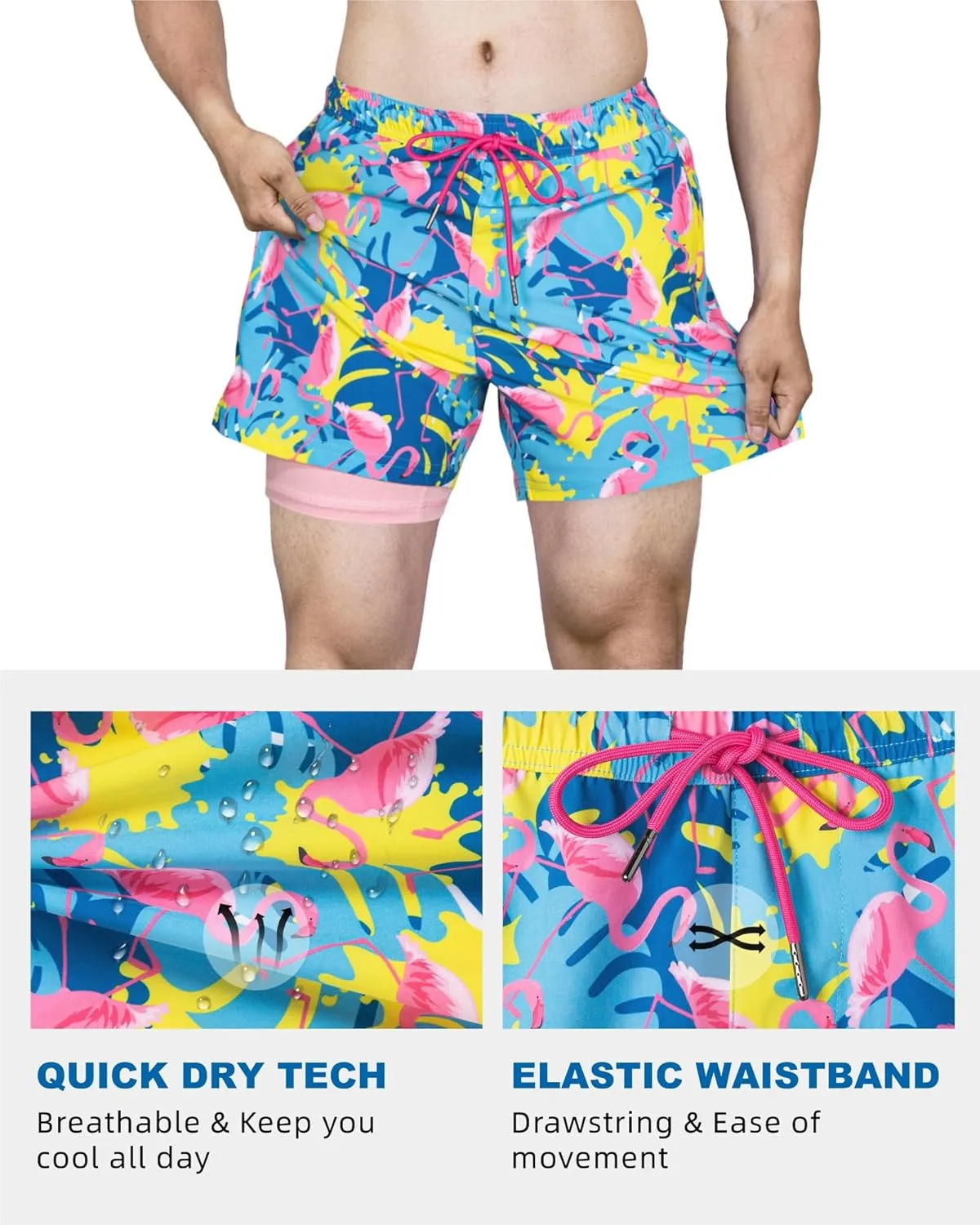 SURF CUZ Mens Swim Trunks with Compression Liner Quick Dry Swim Shorts Swimming Trunks 2 in 1 Bathing Suit Zipper Pockets