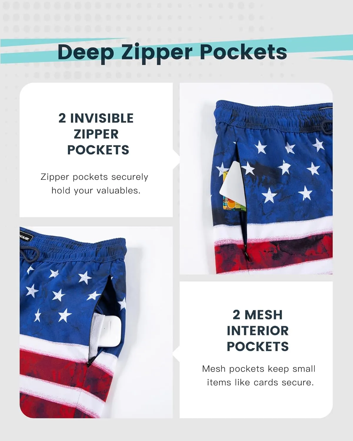 SURF CUZ Mens Swim Trunks with Compression Liner Quick Dry Swim Shorts Swimming Trunks 2 in 1 Bathing Suit Zipper Pockets