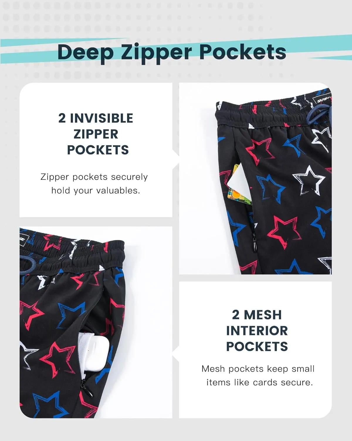 SURF CUZ Mens Swim Trunks with Compression Liner Quick Dry Swim Shorts Swimming Trunks 2 in 1 Bathing Suit Zipper Pockets
