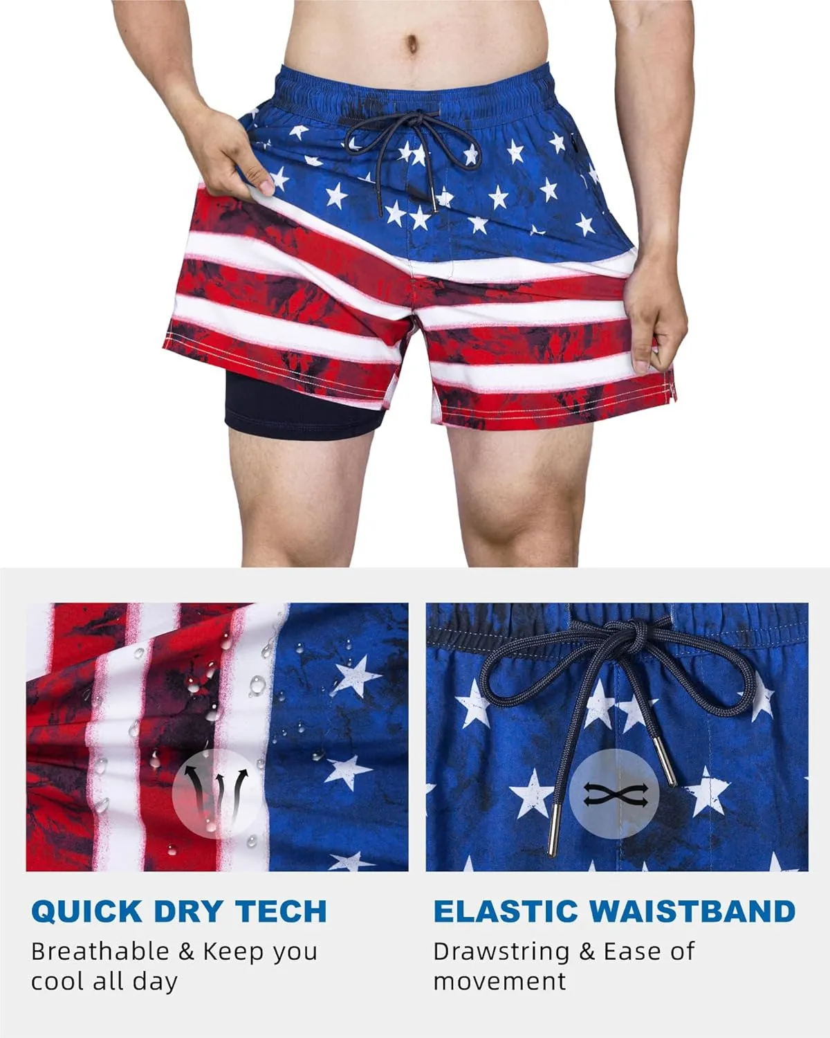 SURF CUZ Mens Swim Trunks with Compression Liner Quick Dry Swim Shorts Swimming Trunks 2 in 1 Bathing Suit Zipper Pockets