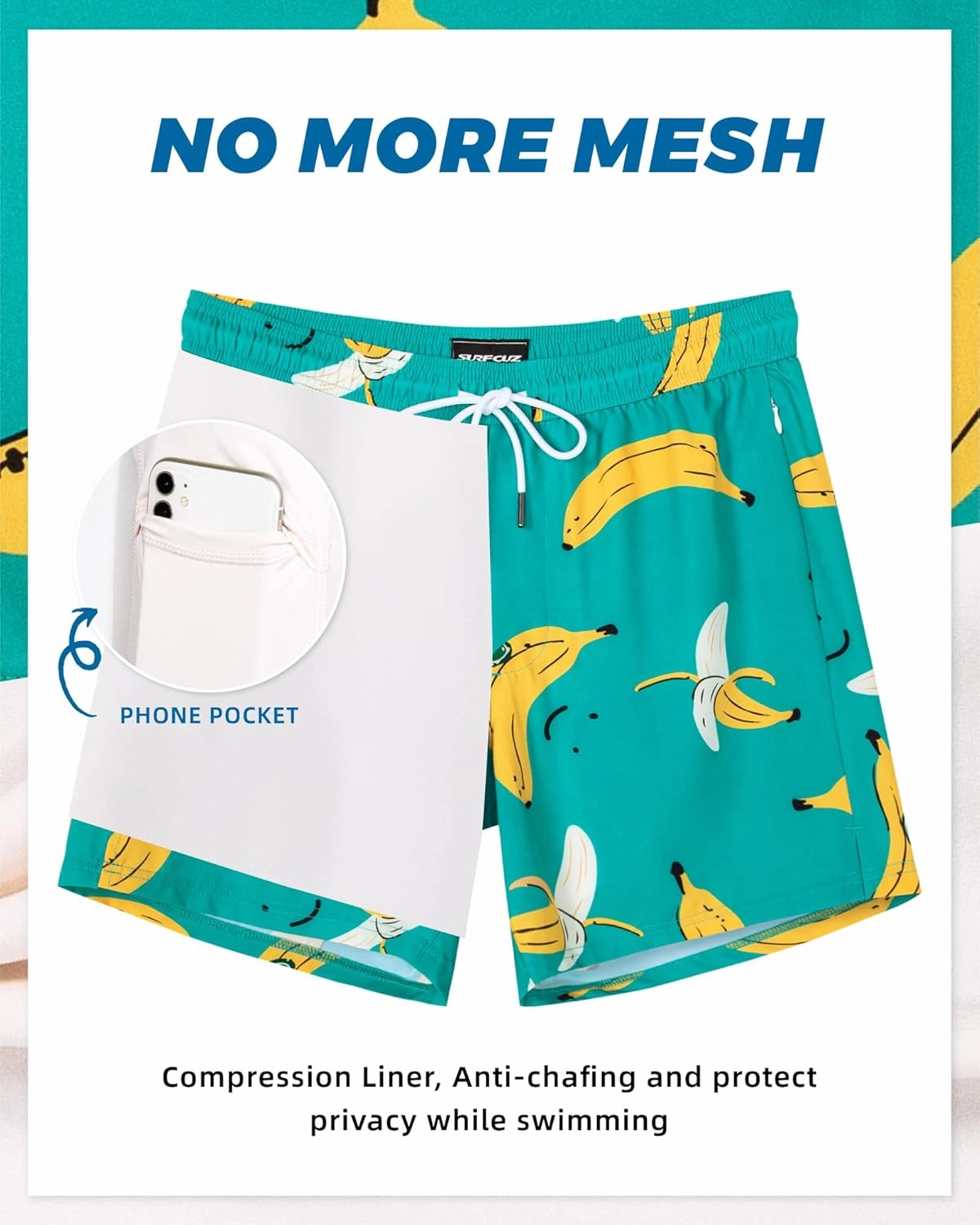 SURF CUZ Mens Swim Trunks with Compression Liner 5" Swim Shorts Quick Dry Bathing Suit Swimming Trunks Zipper Pockets
