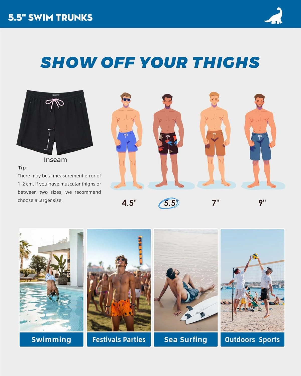 SURF CUZ Mens Swim Trunks with Compression Liner 5" Swim Shorts Quick Dry Bathing Suit Swimming Trunks Zipper Pockets