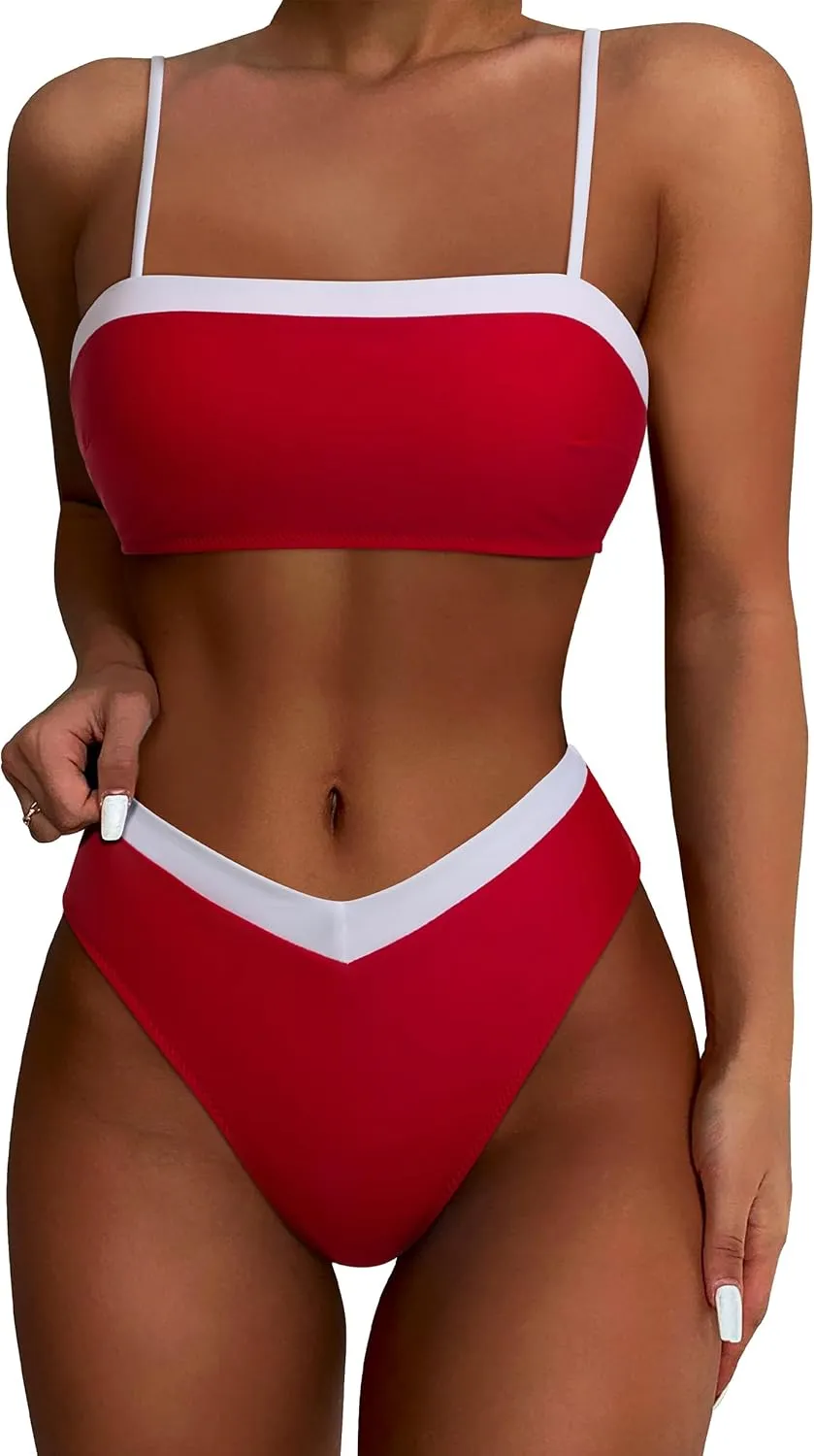 SUUKSESS Women Bandeau High Waited 2 Piece Bikini Set Cheeky High Cut Swimsuit