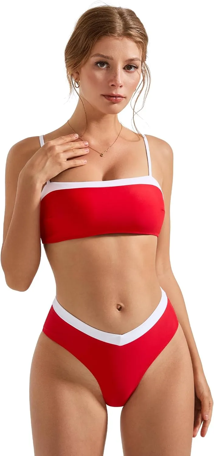 SUUKSESS Women Bandeau High Waited 2 Piece Bikini Set Cheeky High Cut Swimsuit