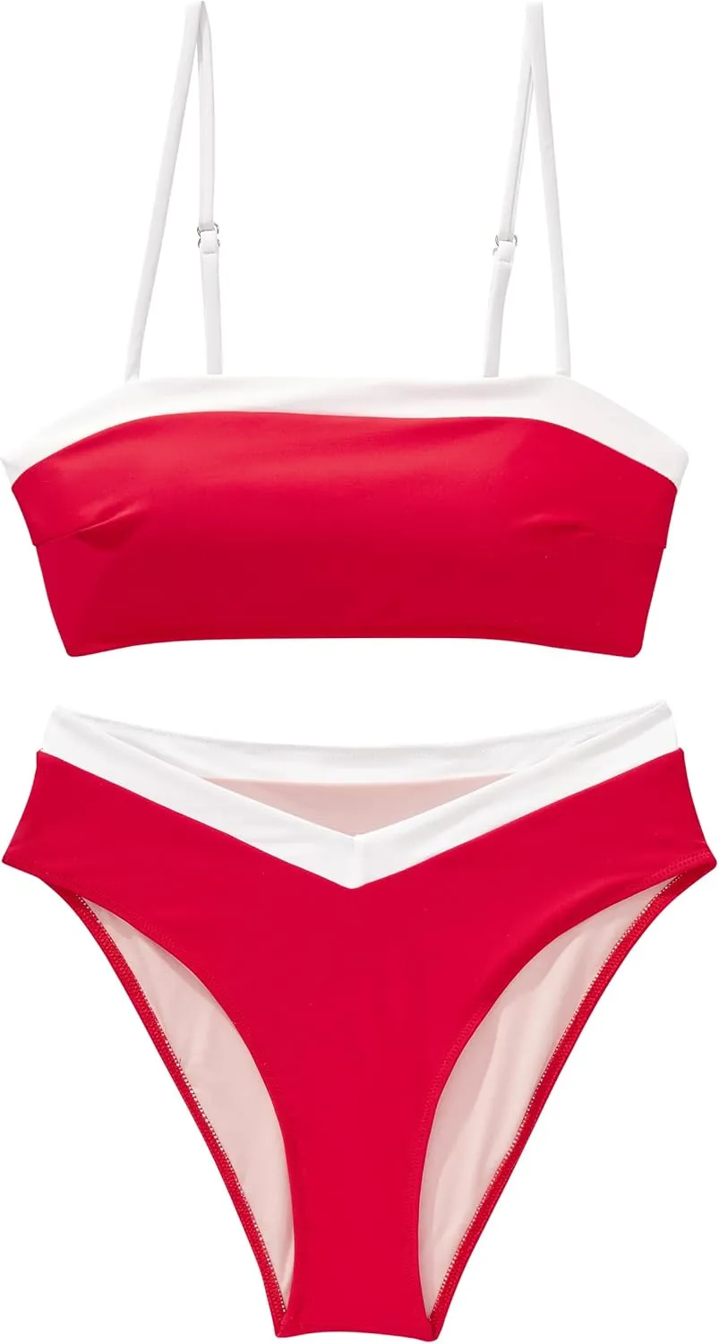 SUUKSESS Women Bandeau High Waited 2 Piece Bikini Set Cheeky High Cut Swimsuit