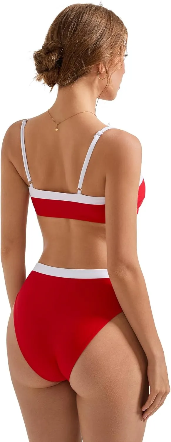 SUUKSESS Women Bandeau High Waited 2 Piece Bikini Set Cheeky High Cut Swimsuit
