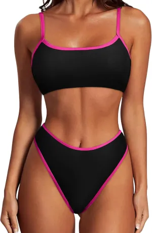 SUUKSESS Women High Waisted 2 Piece Bikini Set Cheeky High Cut Bandeau Swimsuit