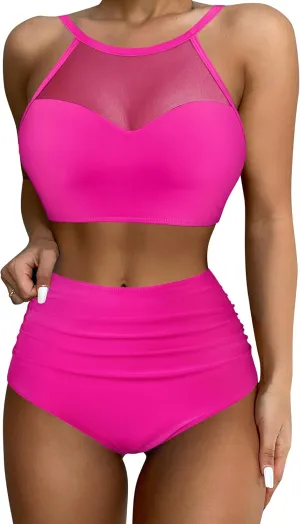 SUUKSESS Women High Waisted Bikini Sets Sexy Mesh High Neck Swimsuit 2 Piece