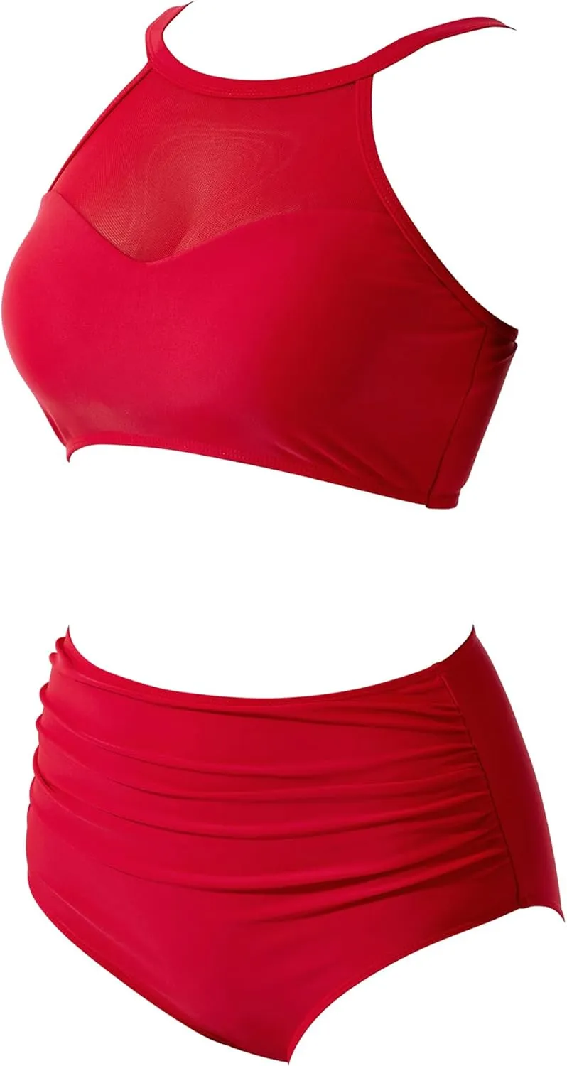 SUUKSESS Women High Waisted Bikini Sets Sexy Mesh High Neck Swimsuit 2 Piece