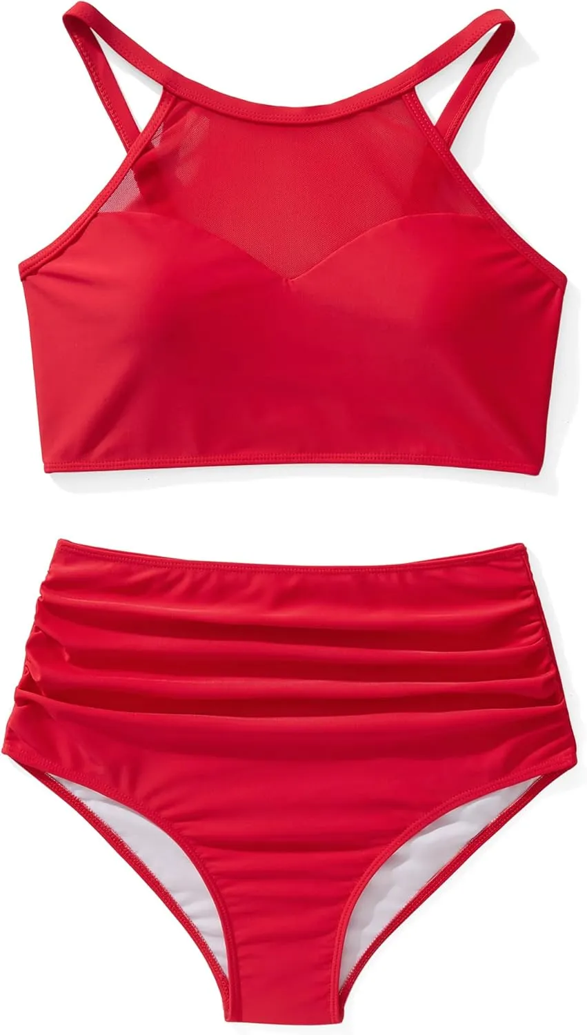 SUUKSESS Women High Waisted Bikini Sets Sexy Mesh High Neck Swimsuit 2 Piece