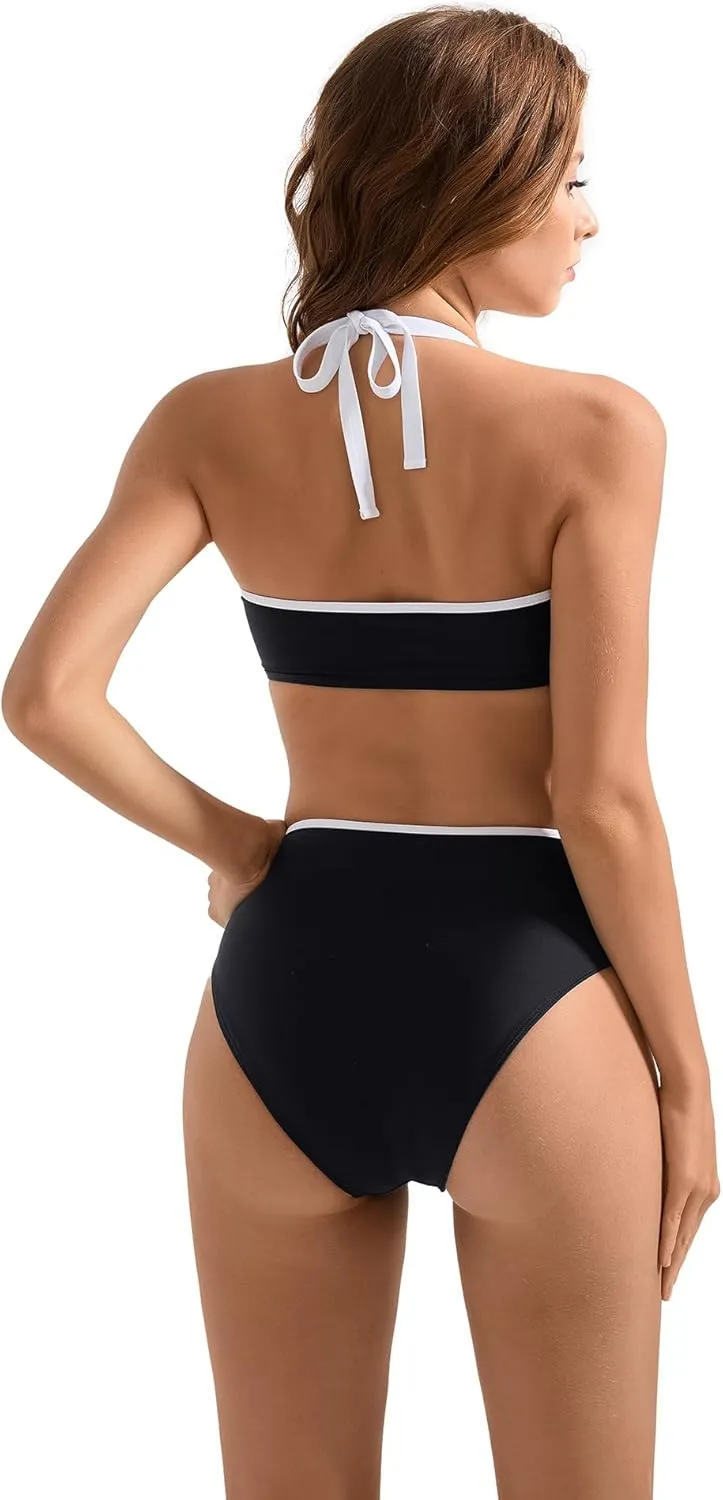 SUUKSESS Women High Waited Bandeau Bikini Sets Halter High Cut 2 Piece Swimsuit