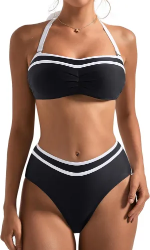 SUUKSESS Women High Waited Bandeau Bikini Sets Halter High Cut 2 Piece Swimsuit