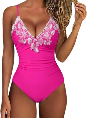 SUUKSESS Women Lace One Piece Swimsuit Tummy Control V Neck Bathing Suit