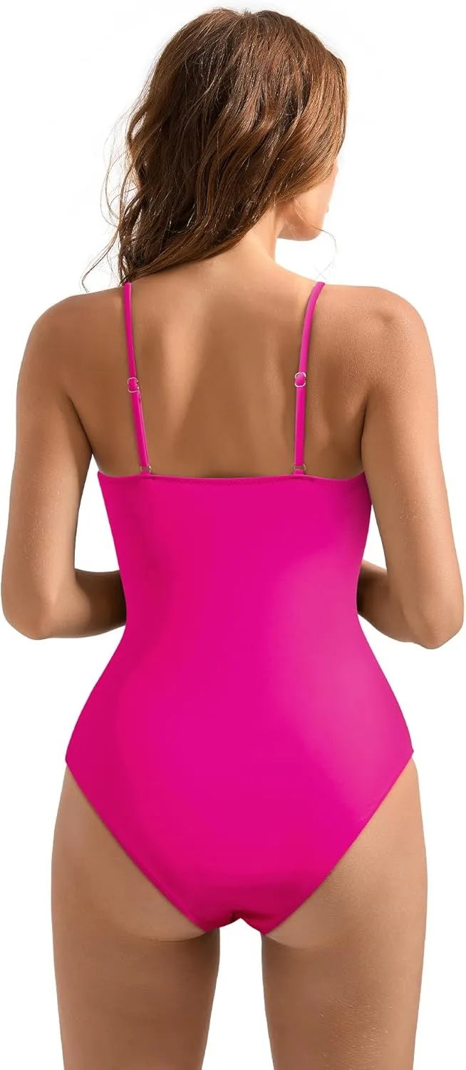 SUUKSESS Women Lace One Piece Swimsuit Tummy Control V Neck Bathing Suit