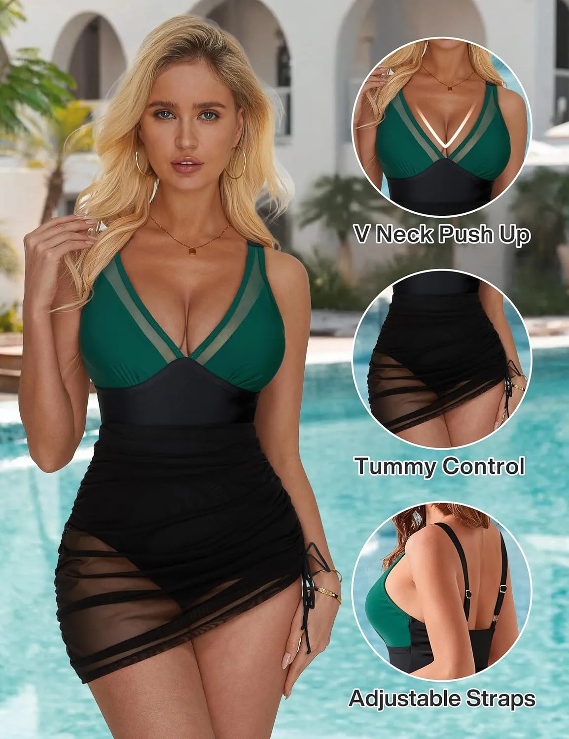SUUKSESS Women Mesh One Piece Swim Dress Swimsuit Tummy Control Bathing Suit