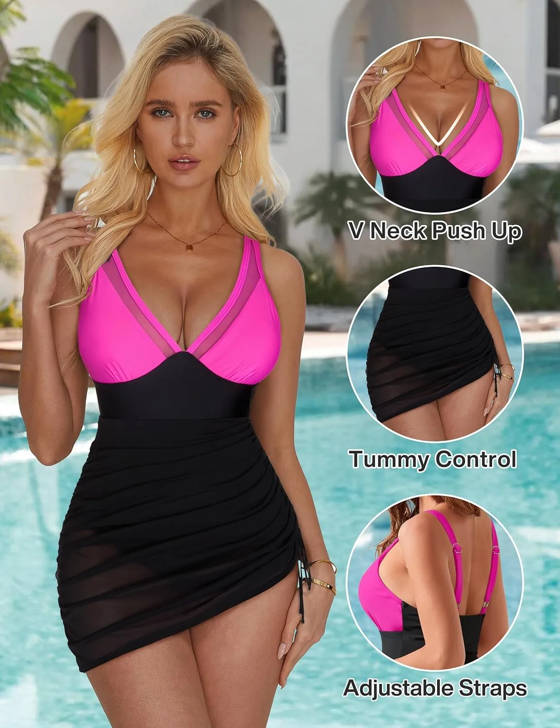 SUUKSESS Women Mesh One Piece Swim Dress Swimsuit Tummy Control Bathing Suit