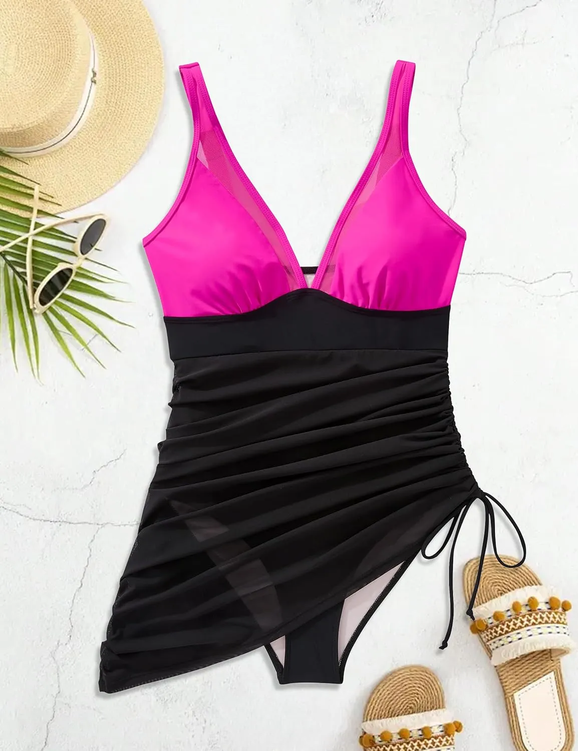 SUUKSESS Women Mesh One Piece Swim Dress Swimsuit Tummy Control Bathing Suit