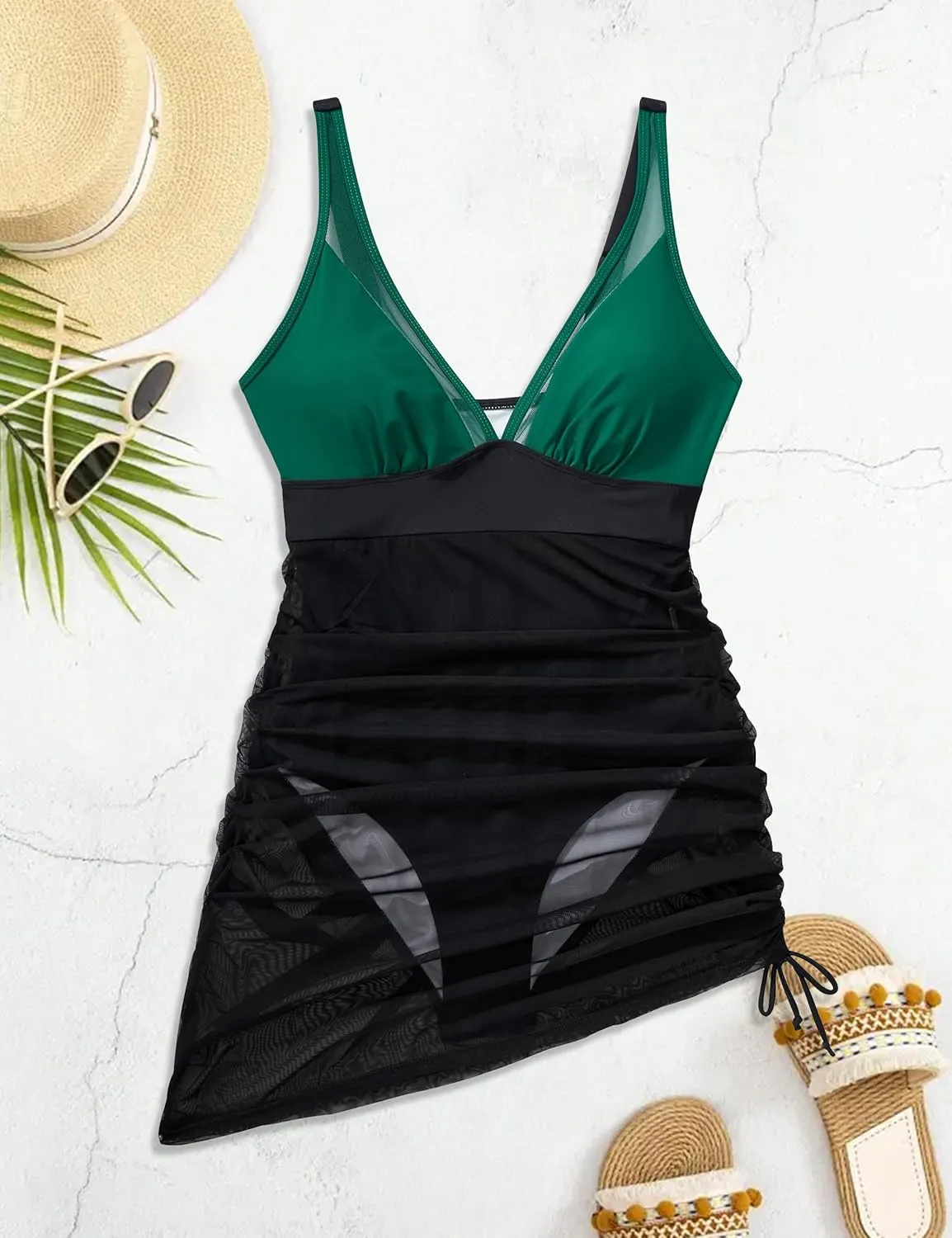 SUUKSESS Women Mesh One Piece Swim Dress Swimsuit Tummy Control Bathing Suit