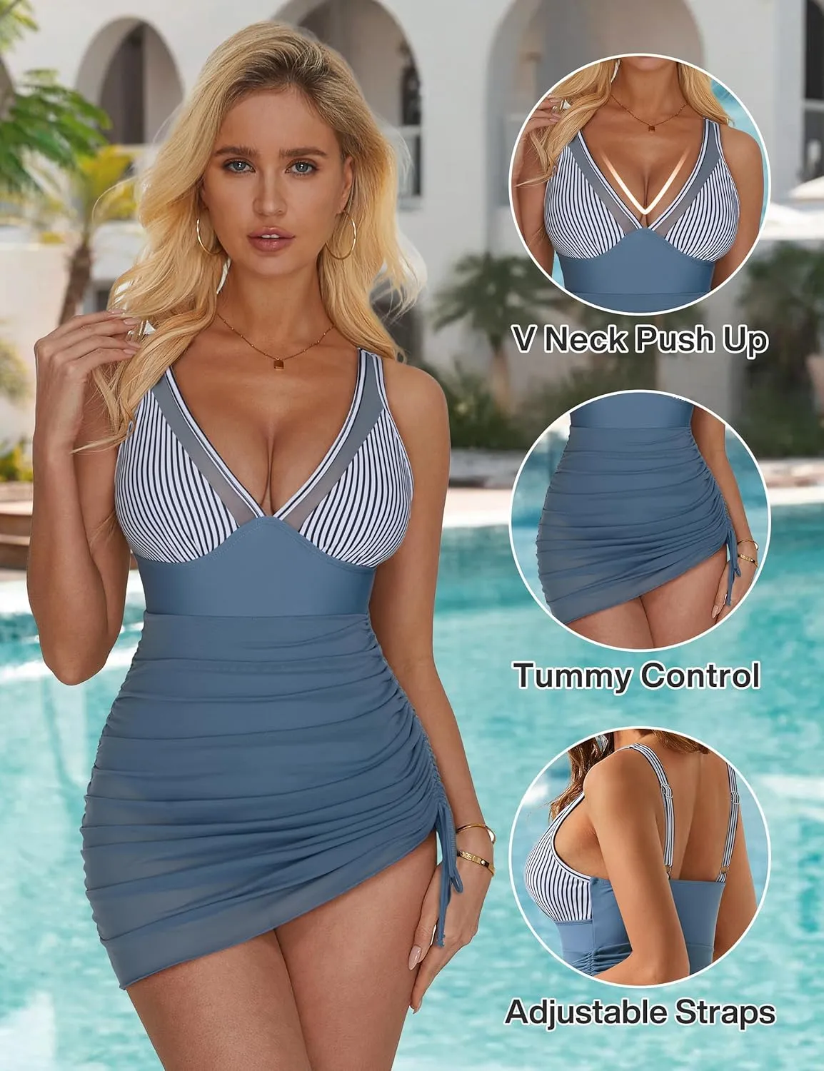 SUUKSESS Women Mesh One Piece Swim Dress Swimsuit Tummy Control Bathing Suit