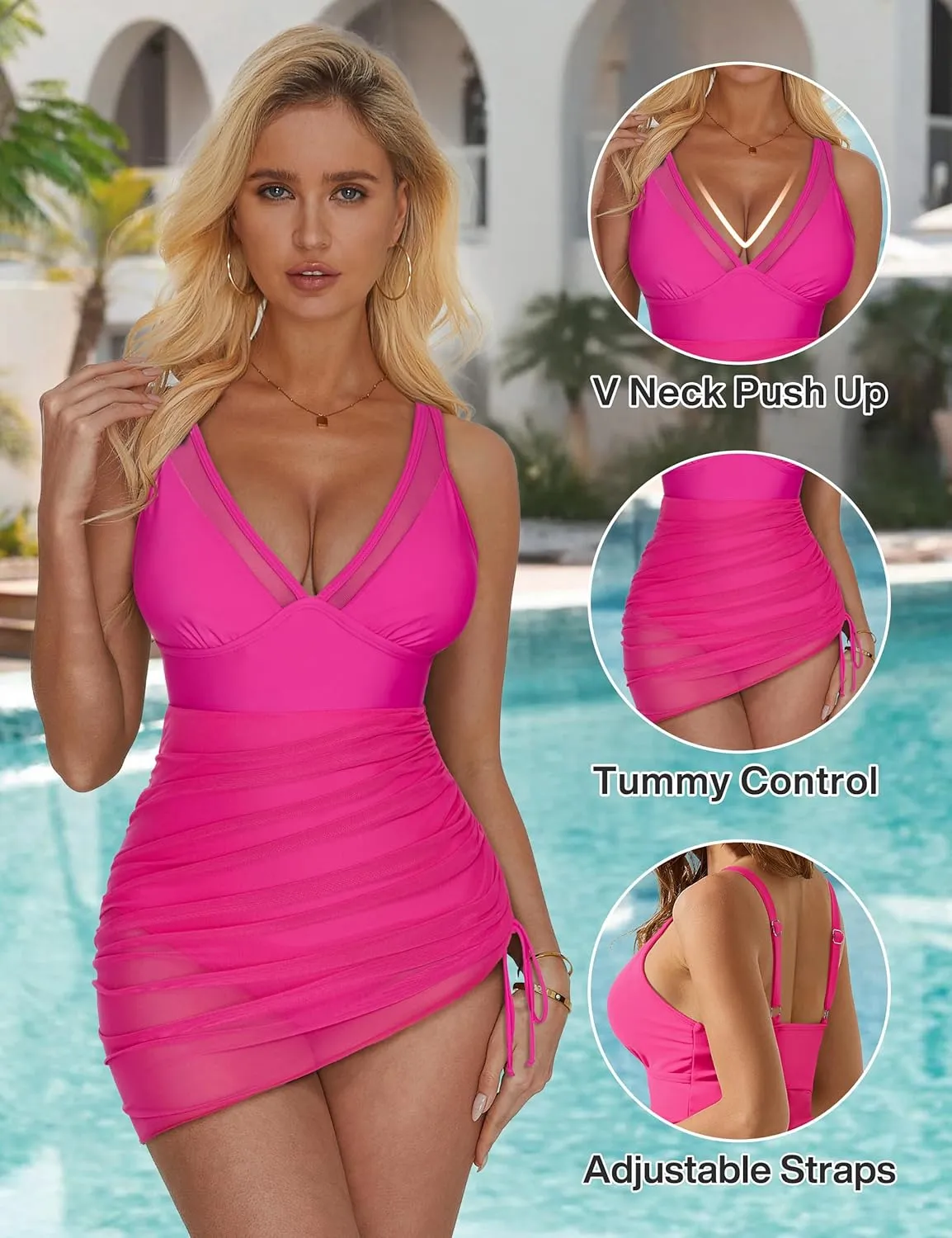SUUKSESS Women Mesh One Piece Swim Dress Swimsuit Tummy Control Bathing Suit