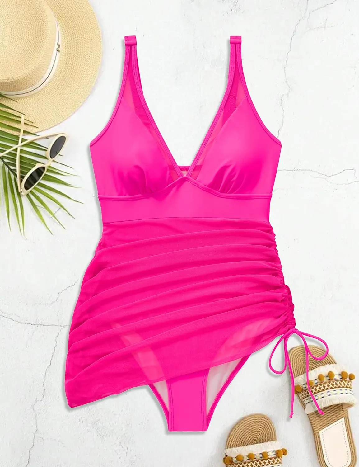 SUUKSESS Women Mesh One Piece Swim Dress Swimsuit Tummy Control Bathing Suit