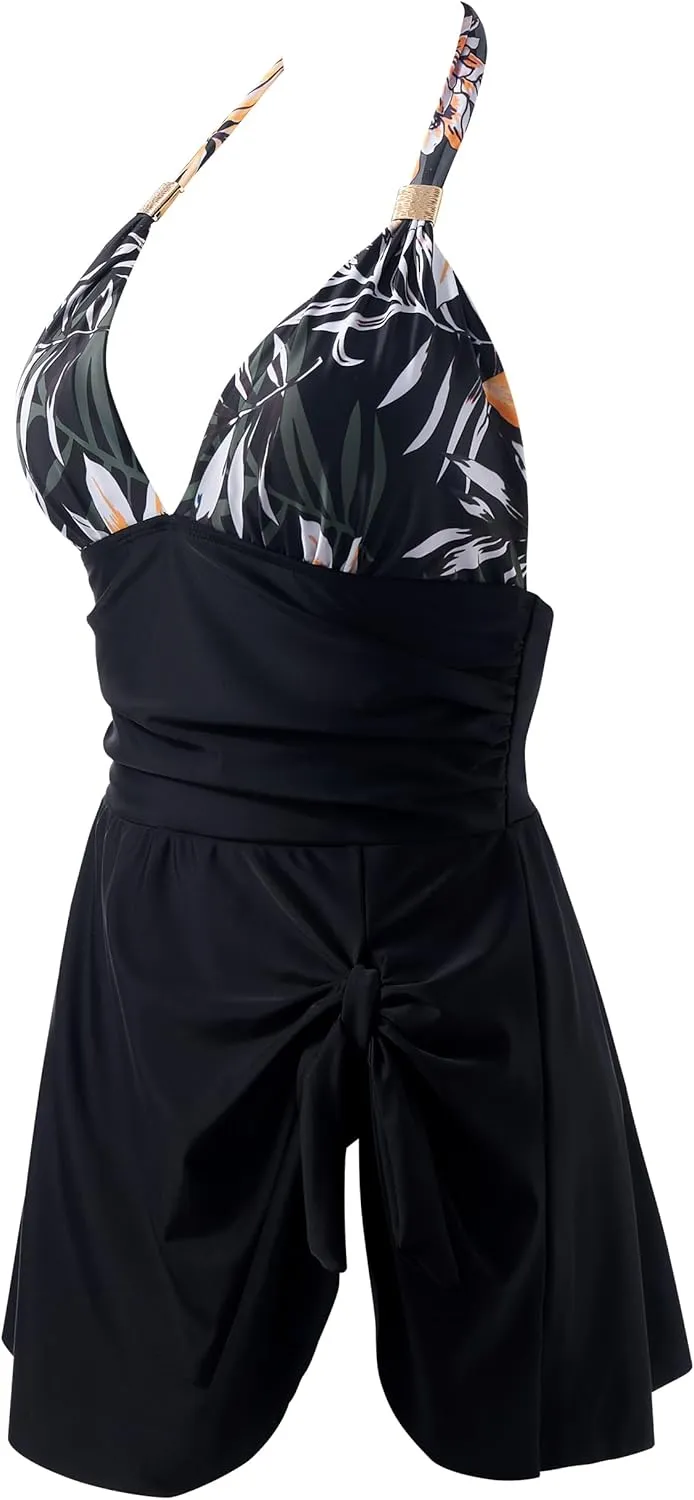 SUUKSESS Women One Piece Swim Dress Tummy Control Swimsuit Tie Knot Bathing Suit