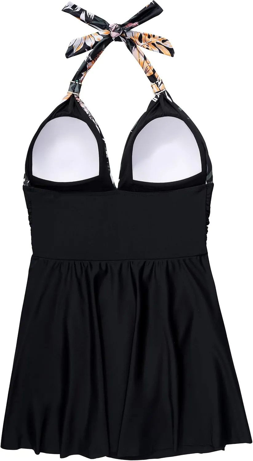 SUUKSESS Women One Piece Swim Dress Tummy Control Swimsuit Tie Knot Bathing Suit