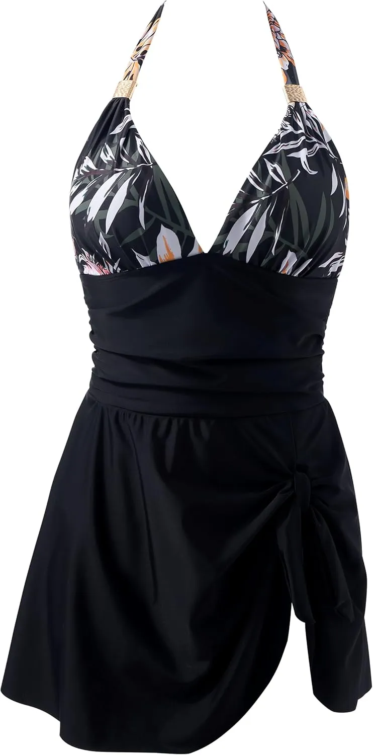 SUUKSESS Women One Piece Swim Dress Tummy Control Swimsuit Tie Knot Bathing Suit