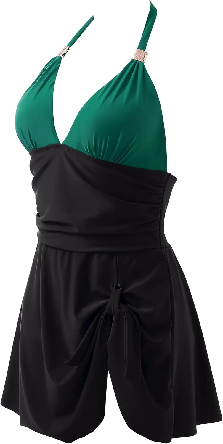 SUUKSESS Women One Piece Swim Dress Tummy Control Swimsuit Tie Knot Bathing Suit