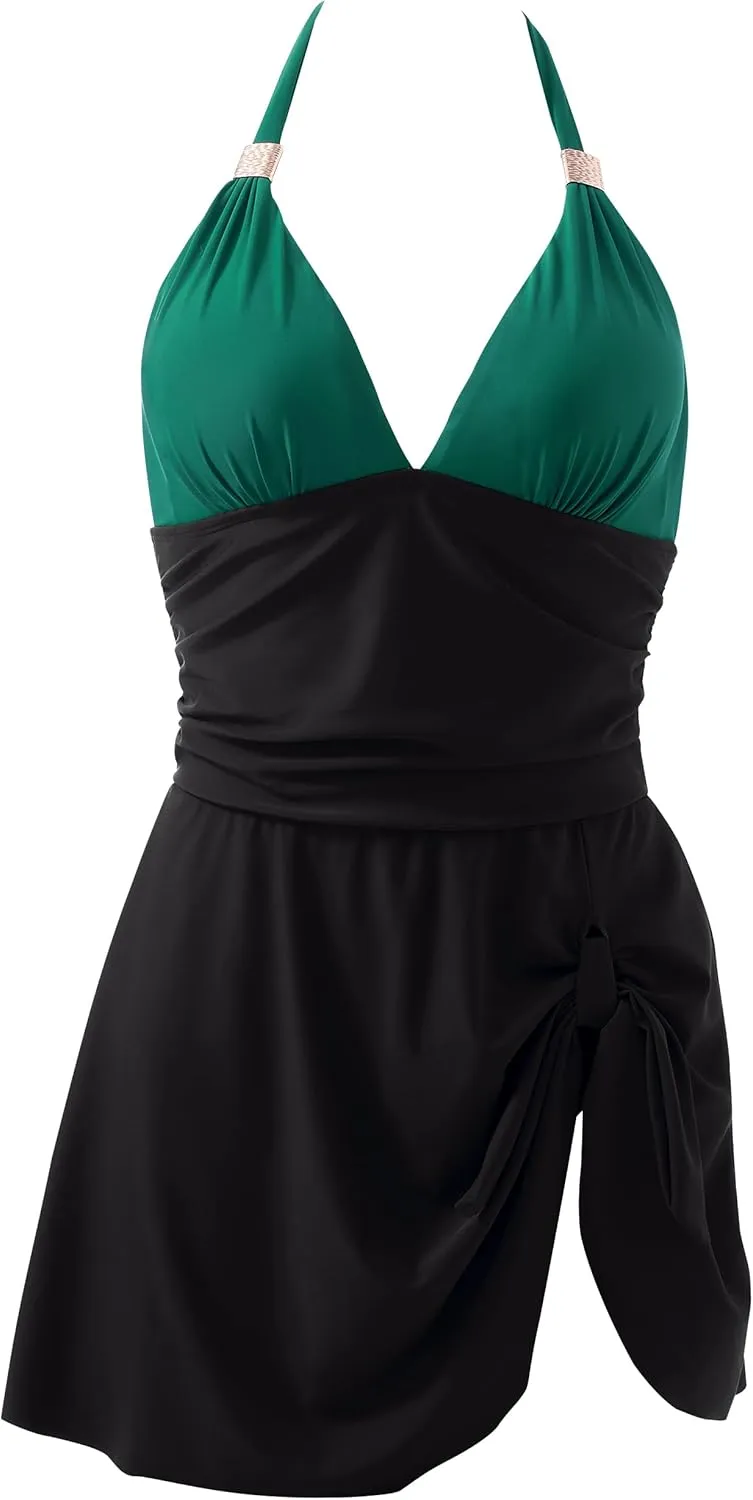 SUUKSESS Women One Piece Swim Dress Tummy Control Swimsuit Tie Knot Bathing Suit