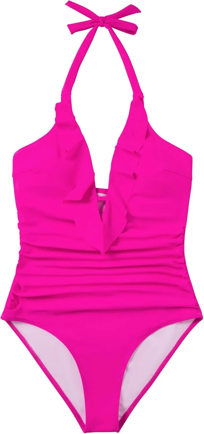 SUUKSESS Women Sexy Halter One Piece Swimsuits Ruffle Tummy Control Bathing Suit