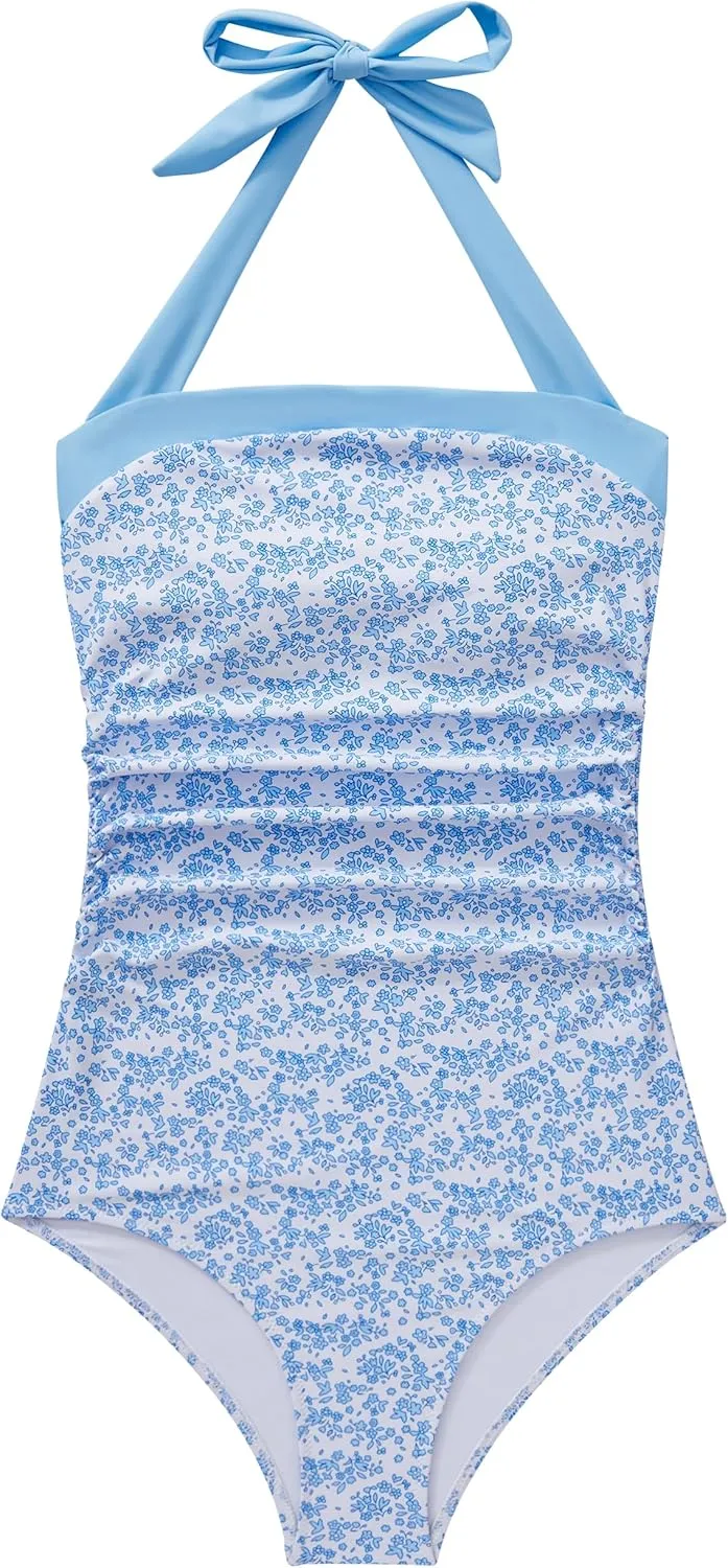 SUUKSESS Women Sexy Tummy Control One Piece Swimsuit Halter Retro Bathing Suit