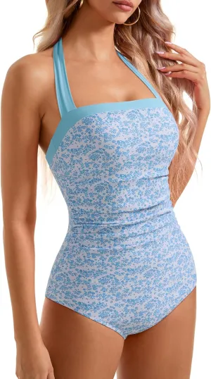 SUUKSESS Women Sexy Tummy Control One Piece Swimsuit Halter Retro Bathing Suit