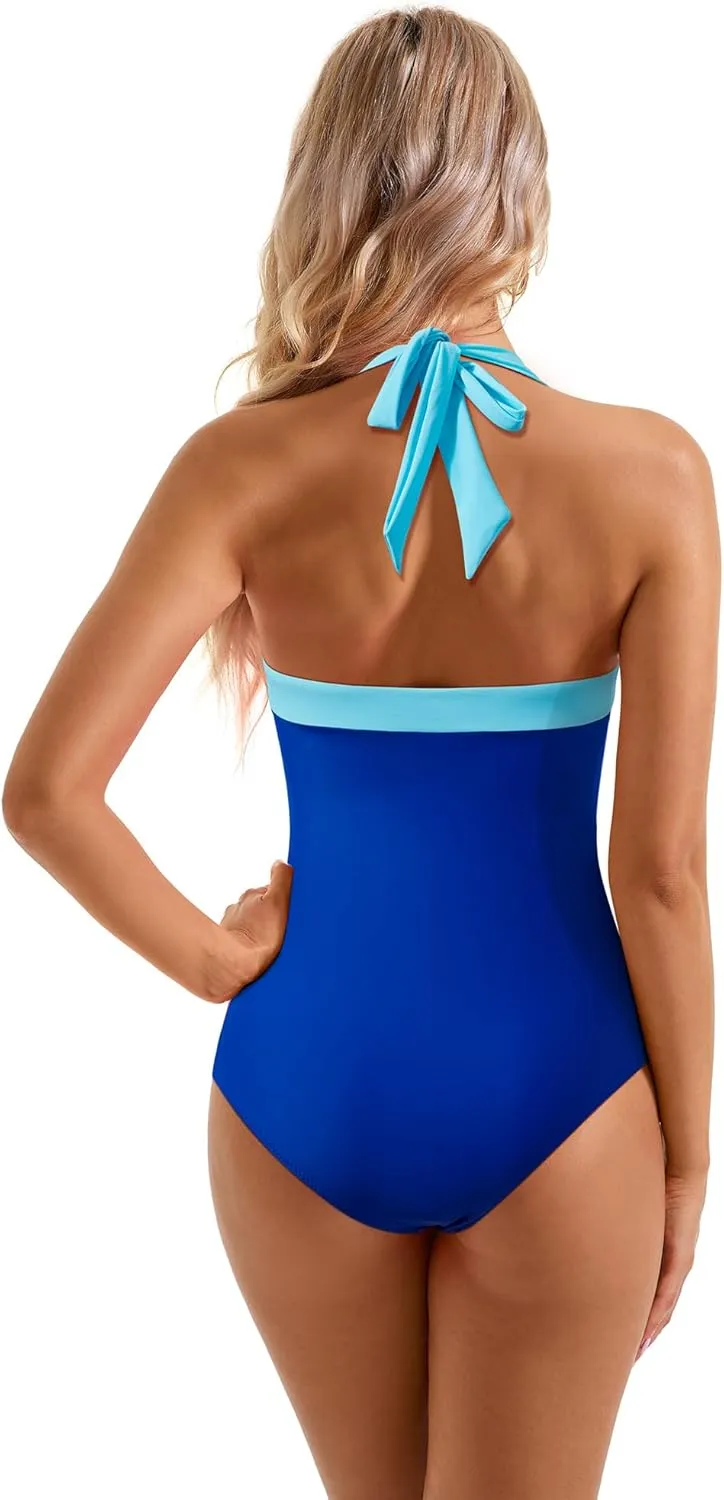 SUUKSESS Women Sexy Tummy Control One Piece Swimsuit Halter Retro Bathing Suit
