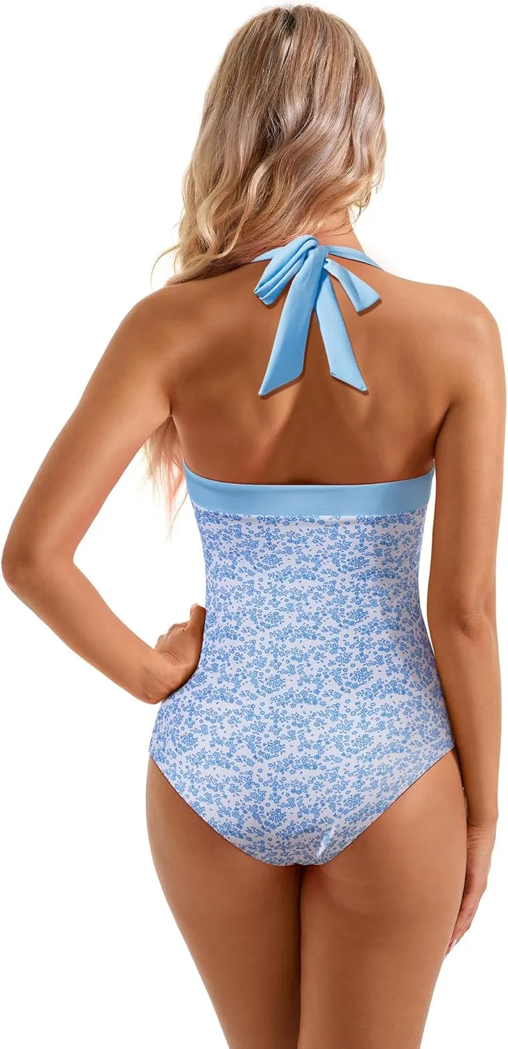 SUUKSESS Women Sexy Tummy Control One Piece Swimsuit Halter Retro Bathing Suit