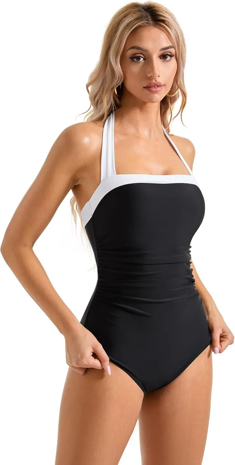 SUUKSESS Women Sexy Tummy Control One Piece Swimsuit Halter Retro Bathing Suit