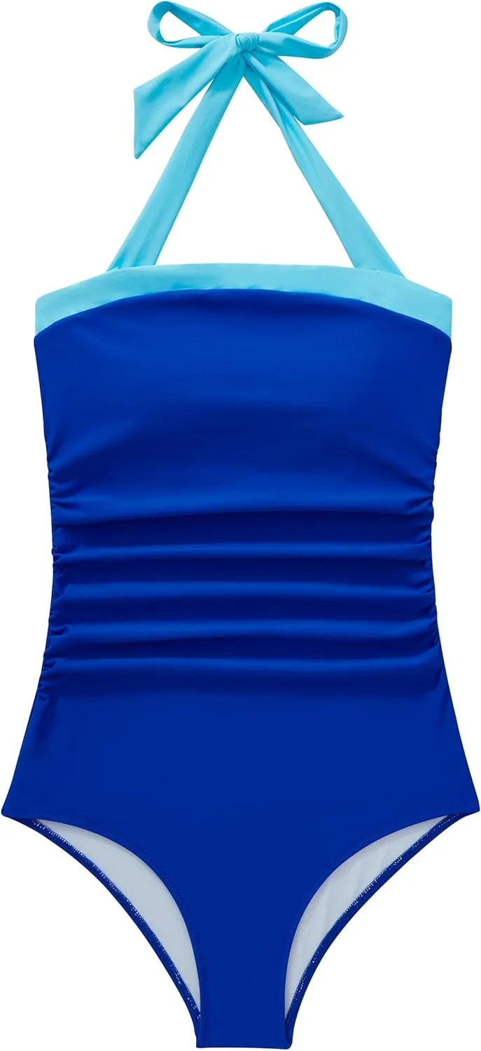 SUUKSESS Women Sexy Tummy Control One Piece Swimsuit Halter Retro Bathing Suit